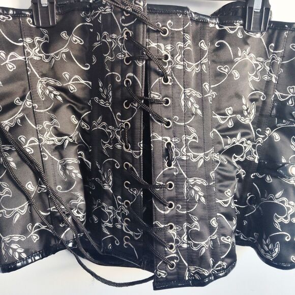 38" Black Silver Satin Underbust Wench Corset Tapestry Floral Embroidery Lace-Up - Picture 10 of 11